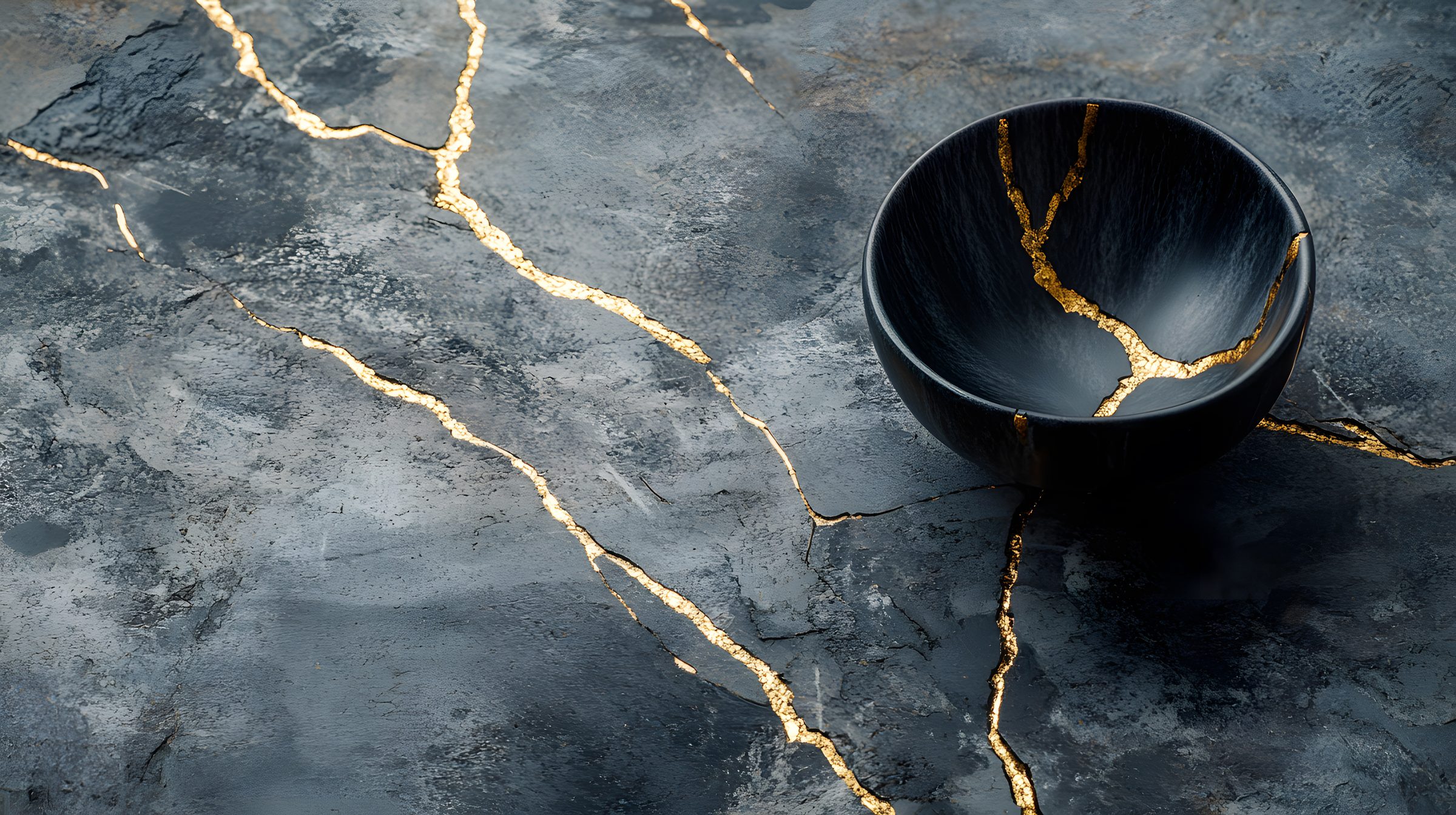 A kintsugi-repaired ceramic bowl, its cracks rejoined with gold