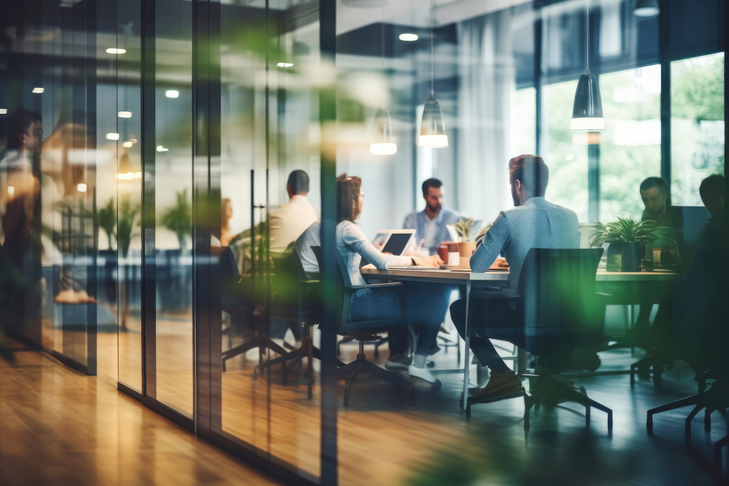 A team collaborating in a modern glass-walled office