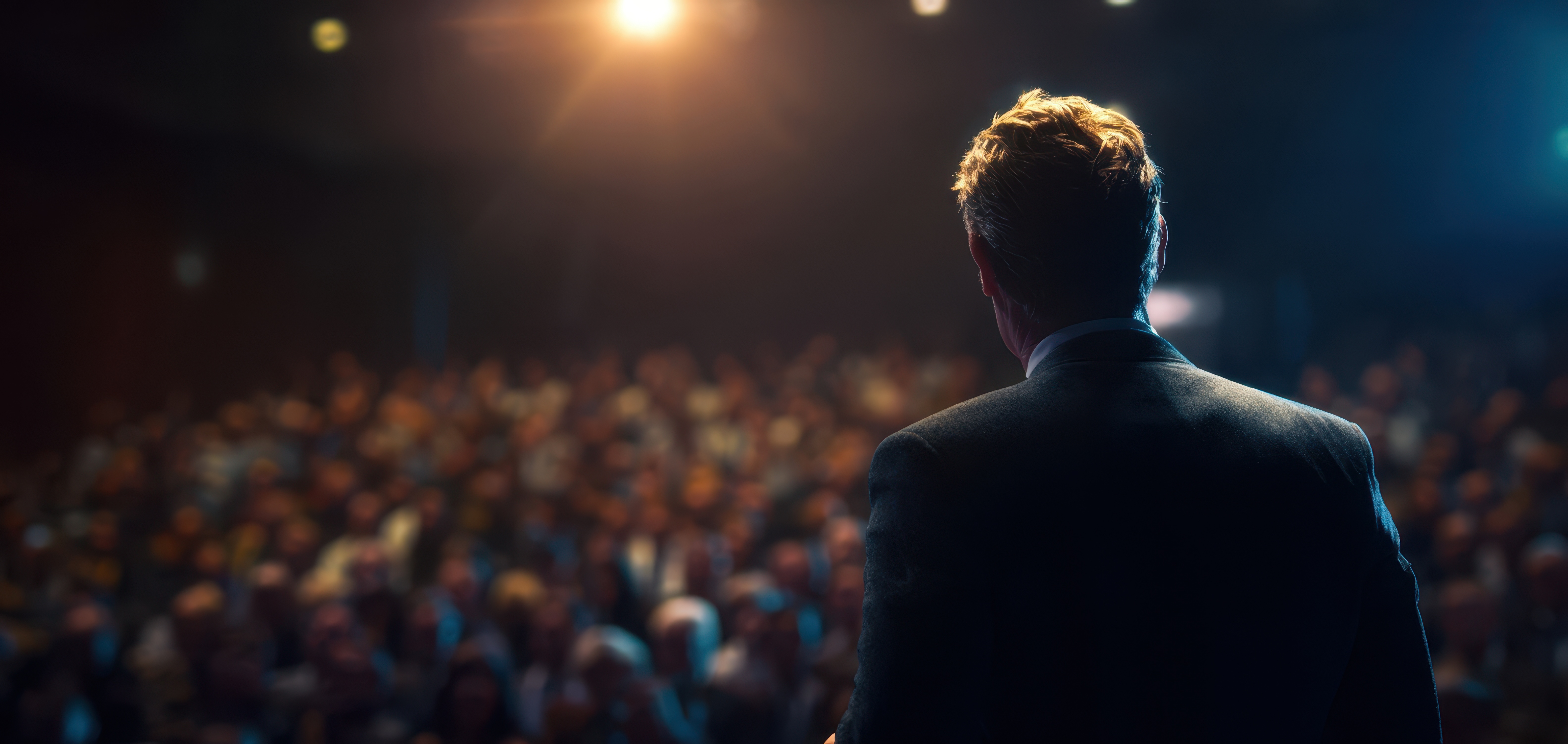 A speaker addressing a large audience from a conference stage